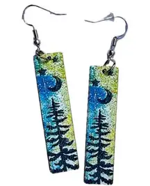 3/$25 Artist wooden moon tree painting green blue drop earrings artsy boho New