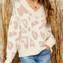Adora Large Cream Mauve And Blue Leopard V Neck Abstract Oversized Sweater