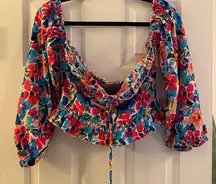 Pink Lily Sonic Blooms Floral Pink and Blue Off the Shoulder Long Sleeve Blouse