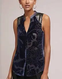 Anthropologie Tiny Navy Blue Button Down Sheer Velour Sequin Sleeveless Top