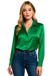 Women’s Green Satin Blouse Long Sleeve  Party Formal Button-Up Size 18 Date