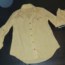 NWOT Kut From The Kloth Womens Yellow White Gingham Long Sleeve Shirt SP Small P