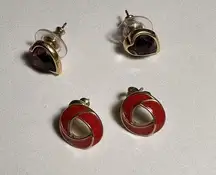 Lot Of 2 Signed Gold Tone Stud Earrings Trifari Red Enamel / Napier Rhinestone