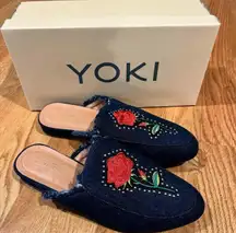 Willa-71 Embroidered Rose, Dark Denim, Frayed, Flat Mules. NIB