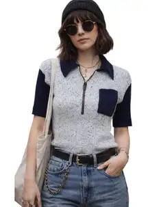 Vintage 70s Sweater Women's Size Small Mod Go Go Knit Quarter Zip Retro Hipster