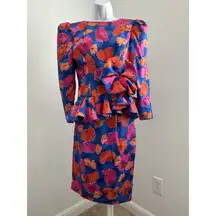 Women's  Bright Blue Pink Orange  Floral Silk Skirt Suit, Sz: 6 (b29)