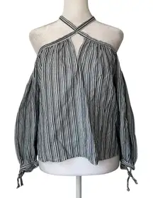 Rebecca Taylor blue & white striped halter cotton off-the-shoulder top size 2