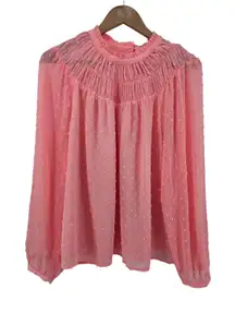 J. Crew Pink Swiss Dot Ruffle Neck Long Sleeve Blouse Top Size Largw