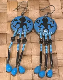 824. Enamel glass Turquoise & Black Agate Silver earrings Handmade on Maui