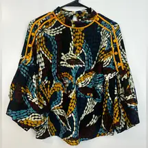 Isabel Marant Mixed Print Boho Blouse Ruched Balloon Sleeve Button Detail Medium