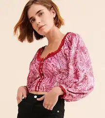 NEW Free People Dare Me Velvet Top Women Medium Pink Paisley Puff Sleeve Boho