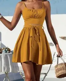 Plus Size Mustard Ruched Bust Cami Top & Belted Matching Skirt Set Size 14 XXL