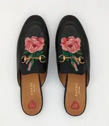 Princetown Rose Embroidered Black Leather Mules EU 38.5