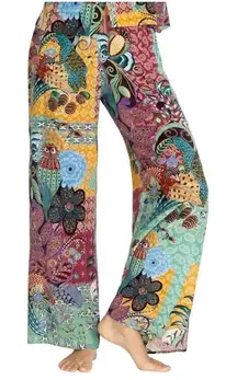 Johnny Was Brooklyn 100% Silk Pants Paisley Owl Wide Leg With Slit, Size XS