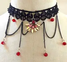 Black Lace Choker Necklace with Chain Drapes & Red Crystal Drops