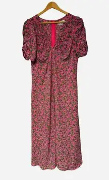 Lili Sidonio x Molly Bracken Floral Midi Dress LG Puff Sleeve Pink V-Neck