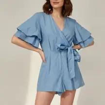 Blue Ruffle Sleeve Wrap Romper Jumpsuit Topshop Size 4