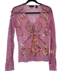 Ideology V Neck Sheer Pink Embellished Blouse