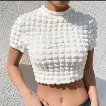 NWOT Shein Bubble Patch Work Lettuce Trip Cropped Short-Sleeve Top