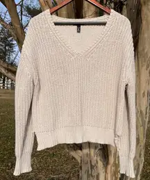 Aqua Chunky Knit V-Neck Ivory Sweater Distressed Hem Cottagecore Boho Cabincore