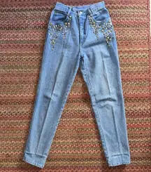 VINTAGE GOLD STUDDED JEWELED BEDAZZLED DETAIL HIGH RISE SLIM JEANS