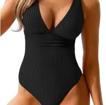 CUPSHE One Piece Swimsuit Wide Straps V Neck Ruched Textured Ribbed Twist Sz XL