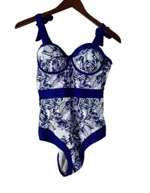 Blue Floral Print One Piece Swimsuit with Bow Tie Straps and warp.‎ - Size Large