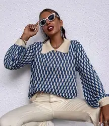 SHEIN Collared Argyle Lantern SIeeve Sweater