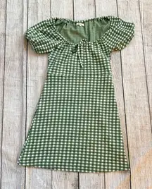 Madewell Size XXS Jacquard Puff-Sleeve Mini Dress Green Gingham Check