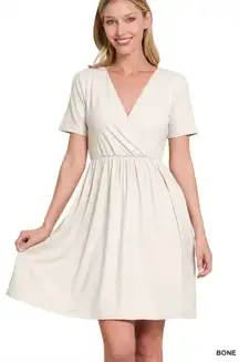 zenana faux wrap dress sand cream fit & flare‎ pockets casual surplice small