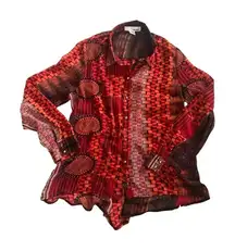 Sans Souci Orange Black Red Aztec Long Sleeve Button Down Sheer‎ Top Size Large