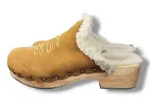 Anthropologie Pilcro Tan Suede Faux-Shearling Clogs Shoes Platform Wood Size 10