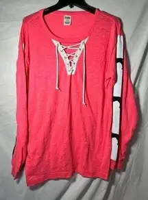 PINK - Victoria's Secret Victoria's Secret PINK M Pink Long Sleeve Lace Up T-Shirt PINK mascot on sleeves