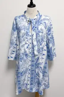 Tuckernuck Blue White Safari Toile 3/4 Sleeve Tie Neck A Line Mini Dress Large