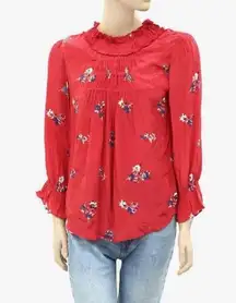 Designer  Cuny Ruffled Smock-Neck Blouse Red Floral Sz 0‎