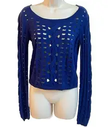 Rock & Republic Scoop Neck Crop Distressed Sweater Top Long Sleeve Blue Cotton S