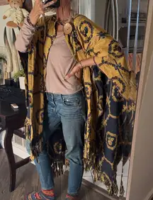 Yellow gold and blue Patterned Kimono cape wrap poncho with Fringe quality made
