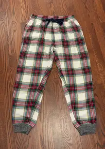 Cozy Festive Plaid Pajama Pants with Blue Drawstring and Gray Cuffs – Holiday Comfort