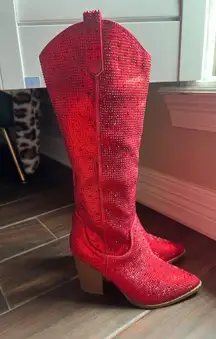 Red Sequin Top Moda Knee High Boots Side Zip 7.5 New 
