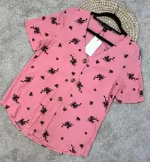 NWT Something Navy Floral Button Up Shirt Top V-Neck Shortsleeve Flowy in Pink S