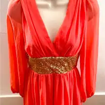 NWT Red Clover dark peach & gold sequin deep V-neck front and back mini dress S