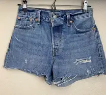 Wedgie Denim Shorts high rise medium wash raw hem button fly 26