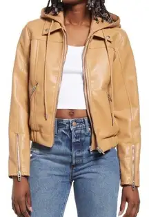 BLANKNYC Faux Leather Bomber Jacket with Removable Hood Size S