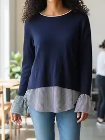 New York & Co Sweater Navy Blue Blouse Hem Cuffs Striped S