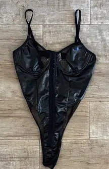 Leather and Mesh Black Women's Bodysuit