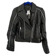 BLOOMINGDALES XS Love Token Black Faux Leather Jacket NWT