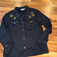 Quacker‎ Factory Black Denim Rhinestone Star Studded Jacket Women's XL fall gold