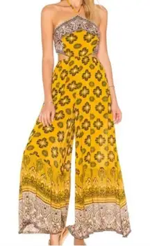 Free People Yellow Boho Chic Edgy Floral Halter Top Wide Leg Jumpsuit Size Small