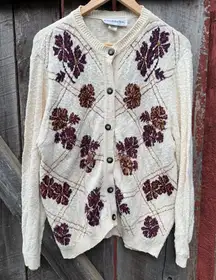 Vintage Norton McNahghton Floral Patterned Cream Cardigan Sweater Made in USA