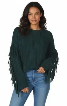 NWT &Merci Fringe Sleeve Sweater Size L Green Chunky Knit Textured Boho Western